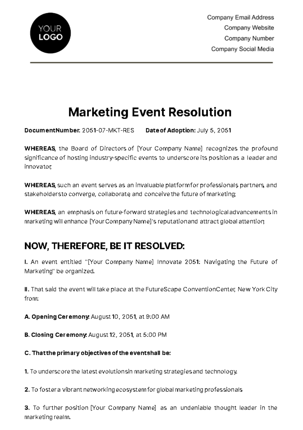 Marketing Event Resolution Template