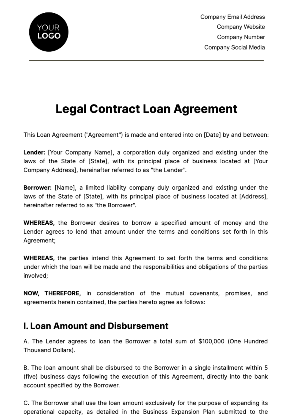 Legal Contract Loan Agreement Template - Edit Online & Download