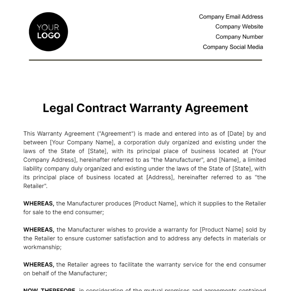 Legal Contract Warranty Agreement Template