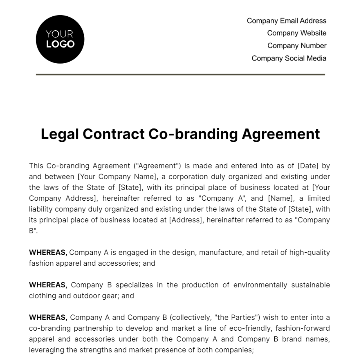 Free Legal Contract Co-branding Agreement Template