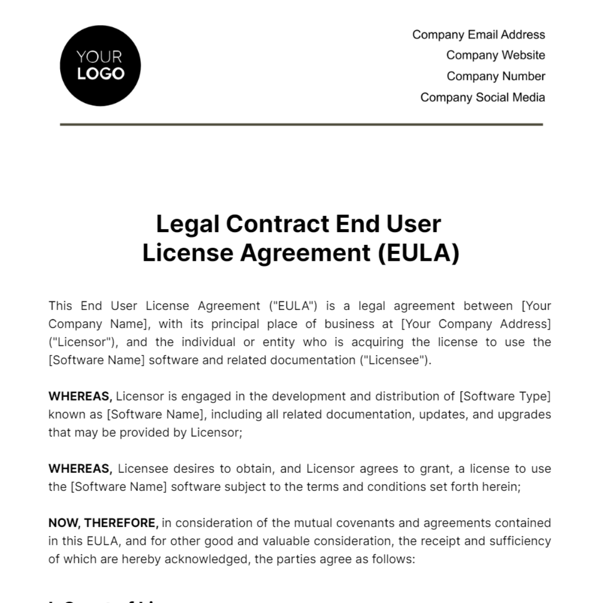 Legal Contract End User License Agreement (EULA) Template