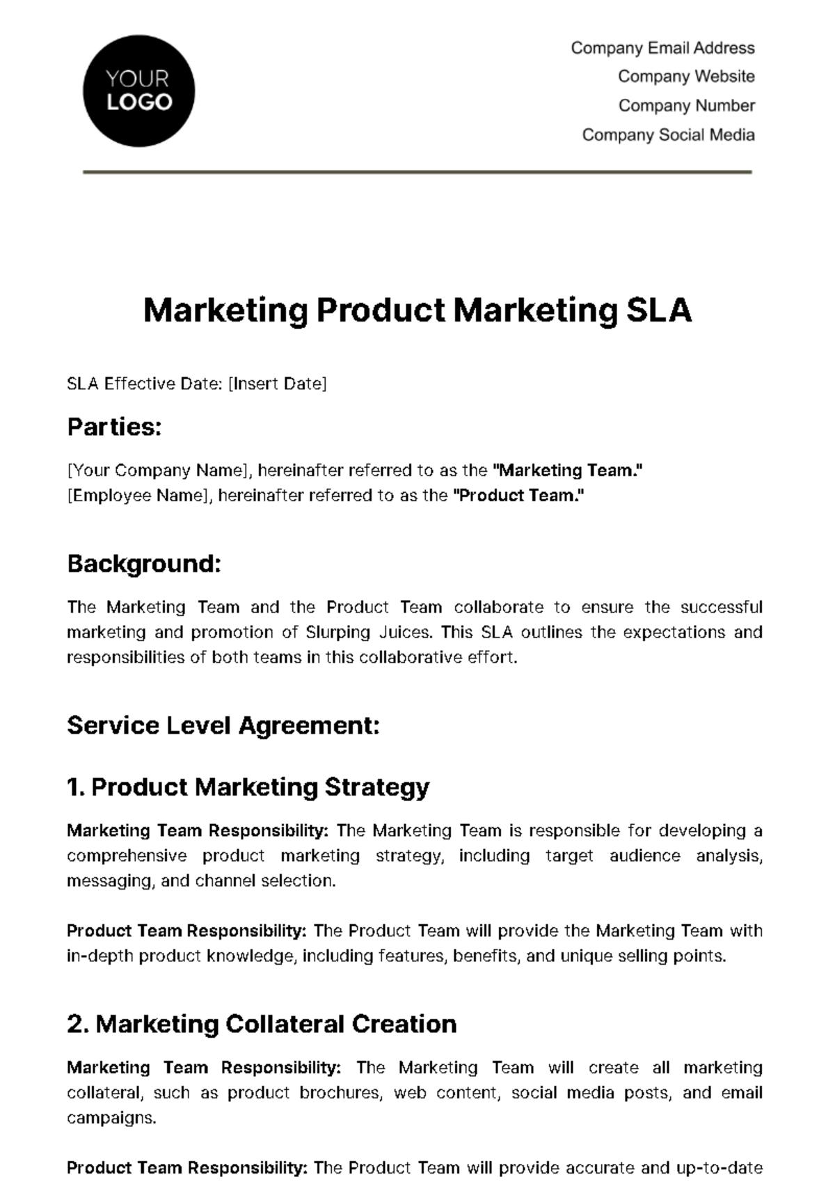 Free Marketing Product Marketing SLA Template
