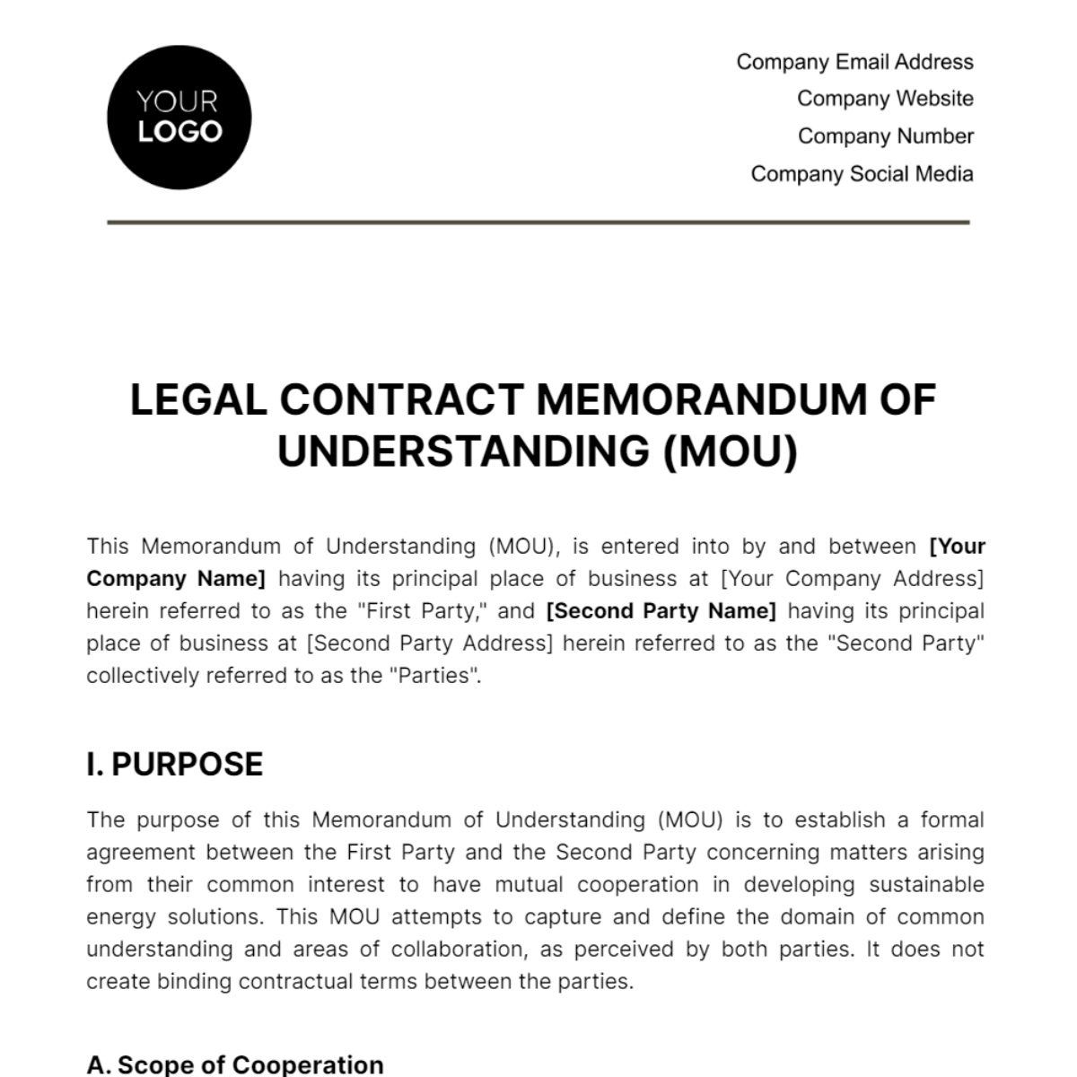 Legal Contract Memorandum of Understanding (MOU) Template