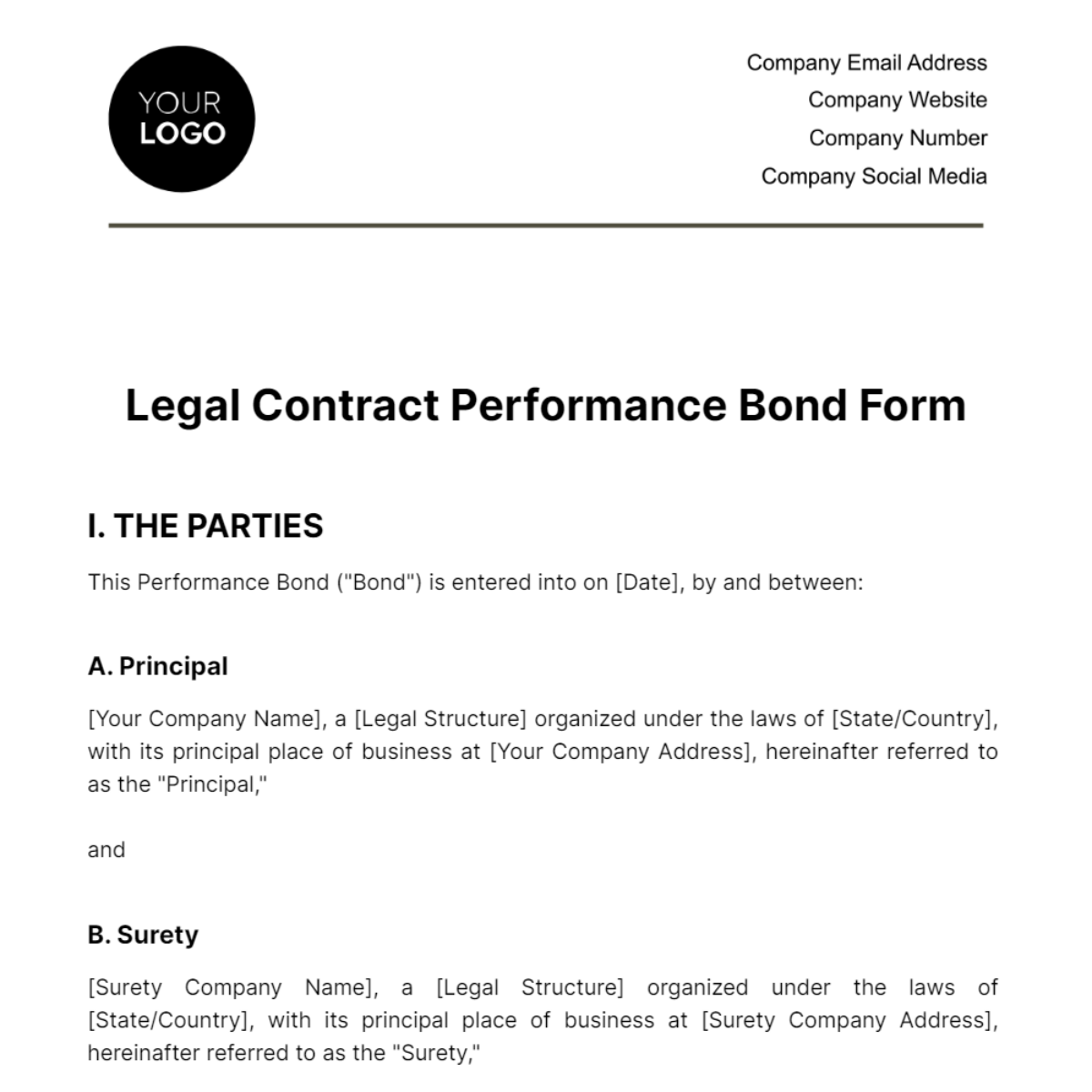 Legal Contract Performance Bond Form Template
