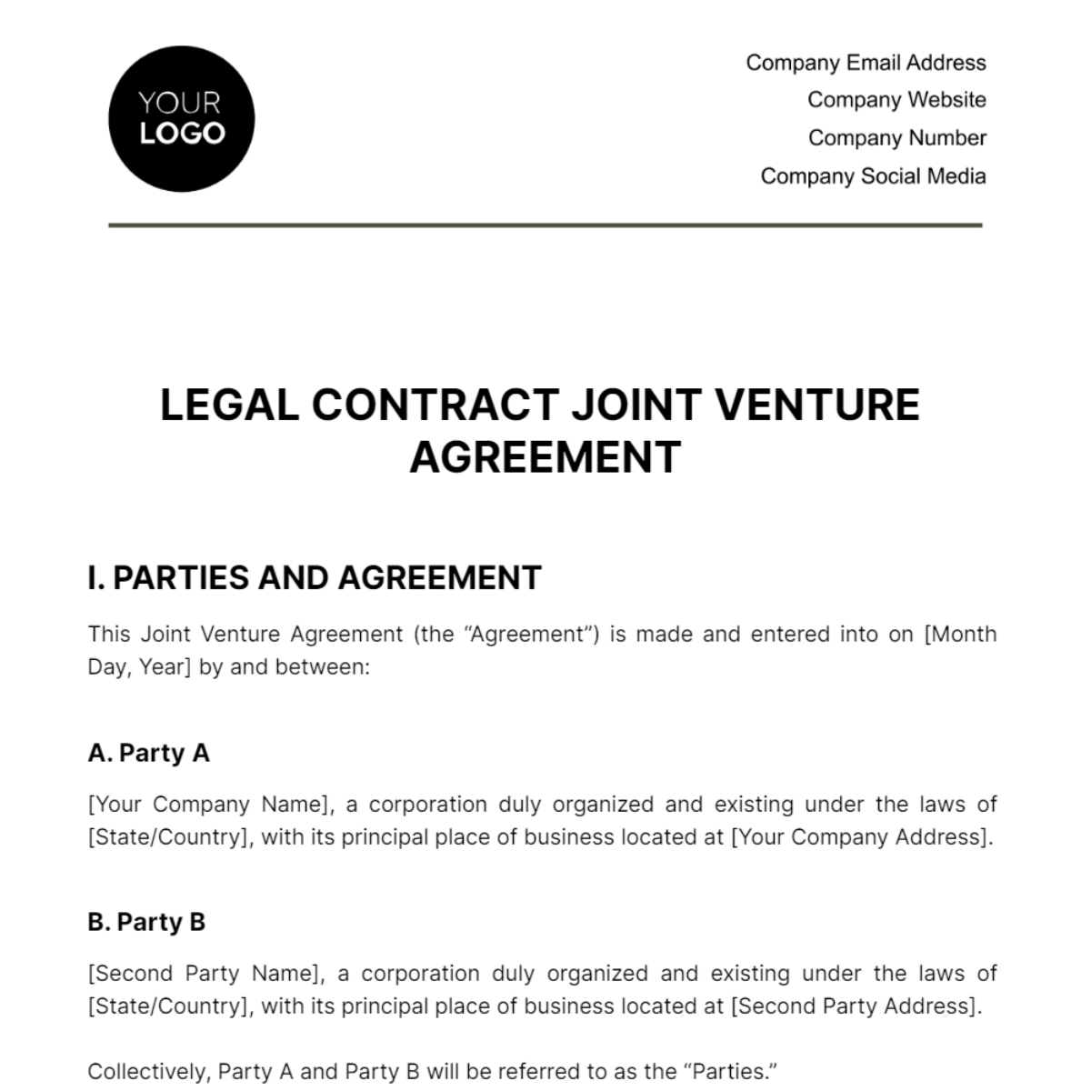 Free Legal Contract Joint Venture Agreement Template