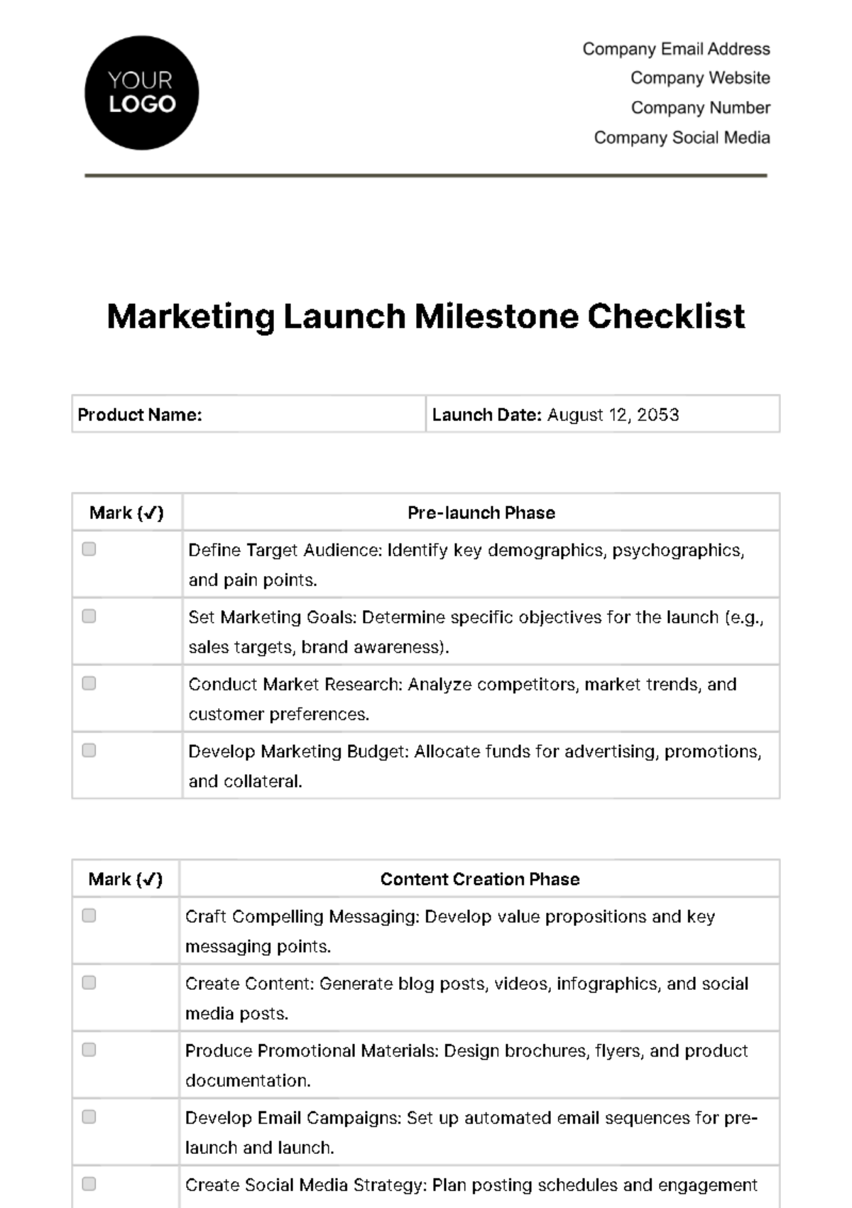 Marketing Launch Milestone Checklist Template