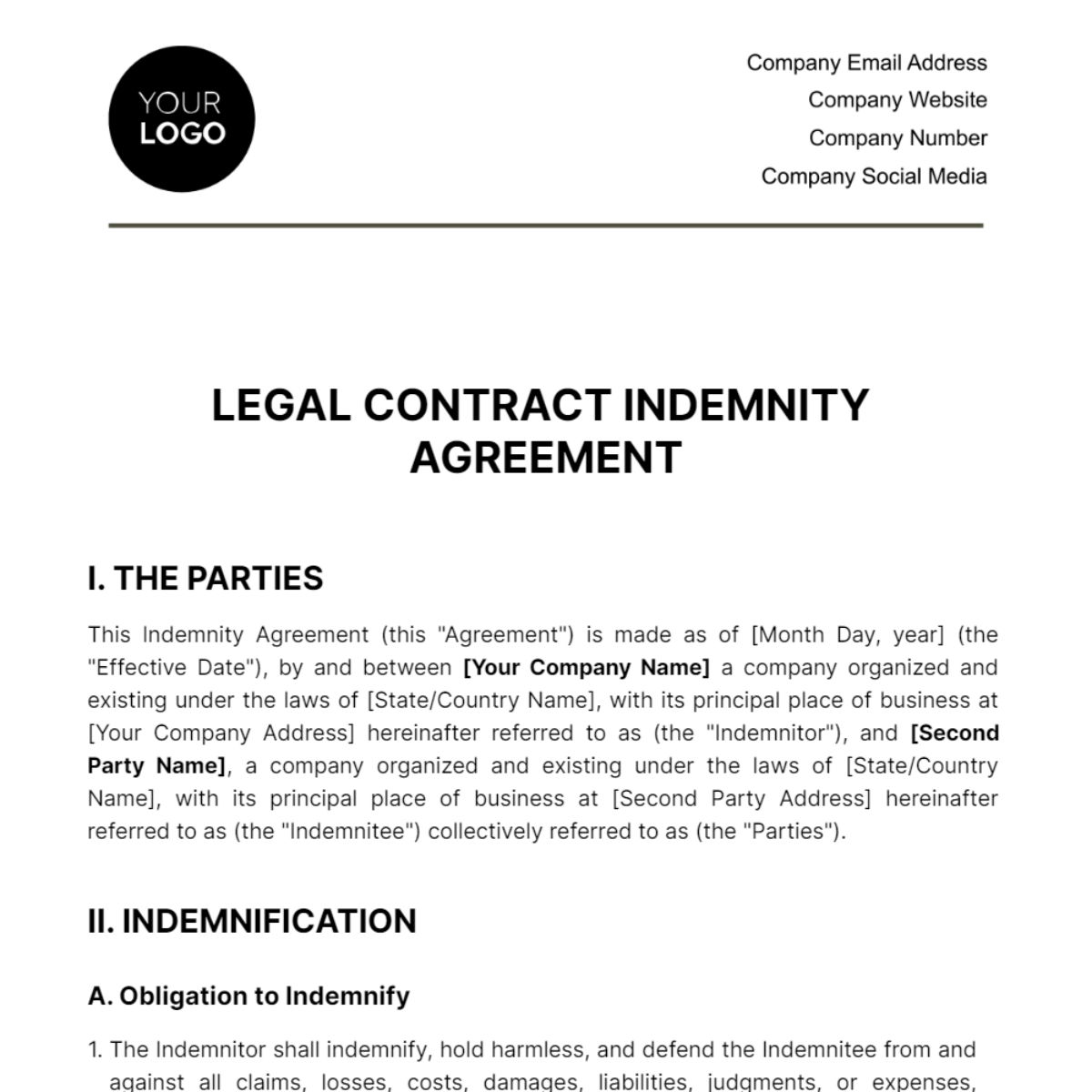 Legal Contract Indemnity Agreement Template