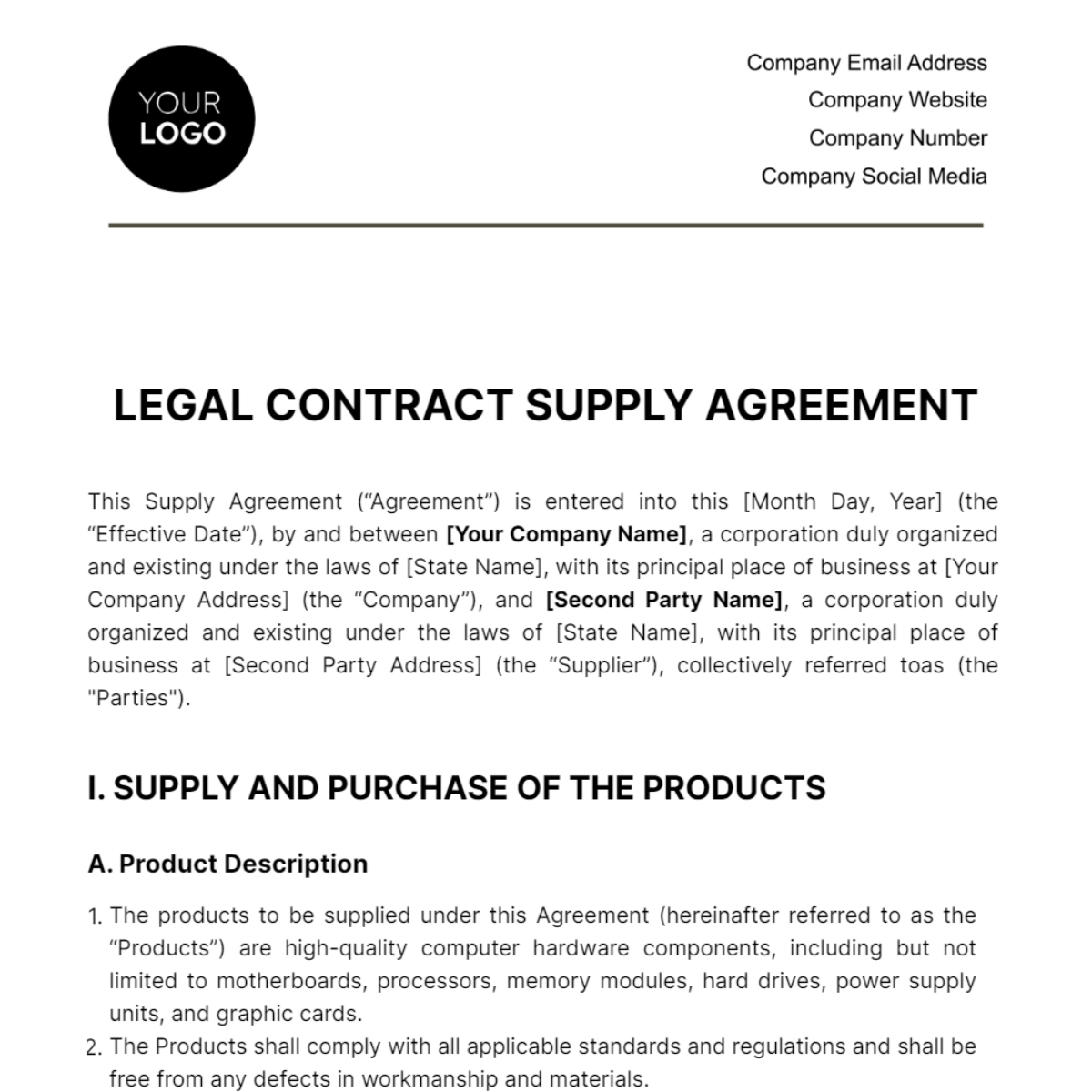 Legal Contract Supply Agreement Template