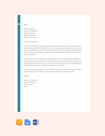 FREE Resignation Letter With 30 Day Notice Template Word Google 