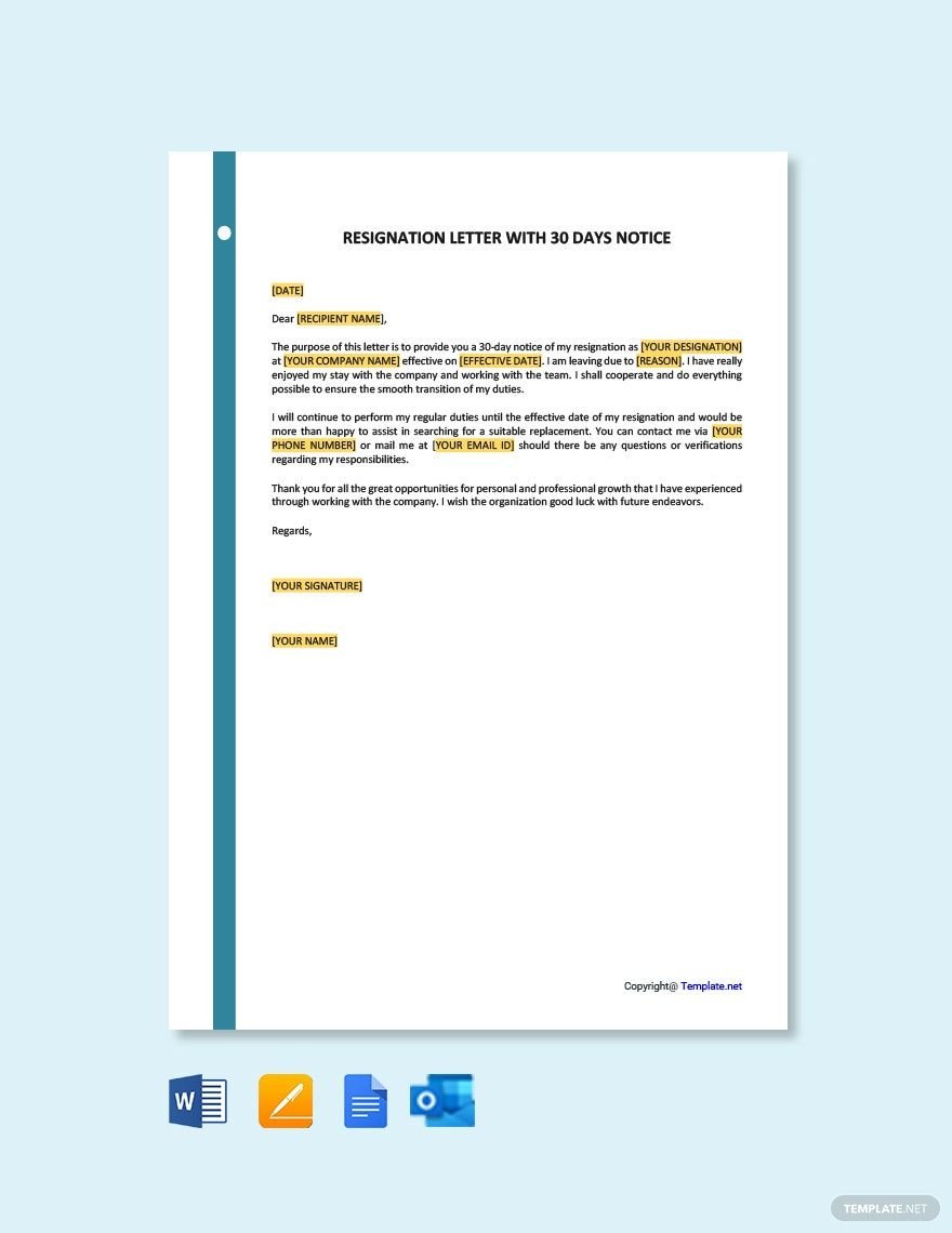 Resignation Letter With 30 Day Notice in Word, Google Docs, PDF, Apple Pages, Outlook