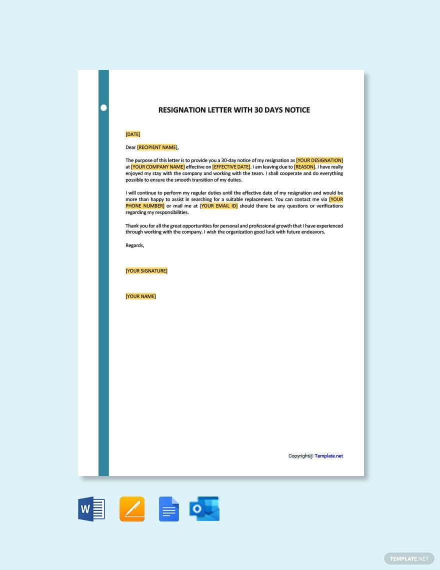 30 Day Resignation Letter Template