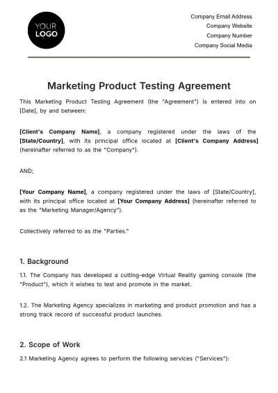 Free Marketing Product Testing Agreement Template to Edit Online