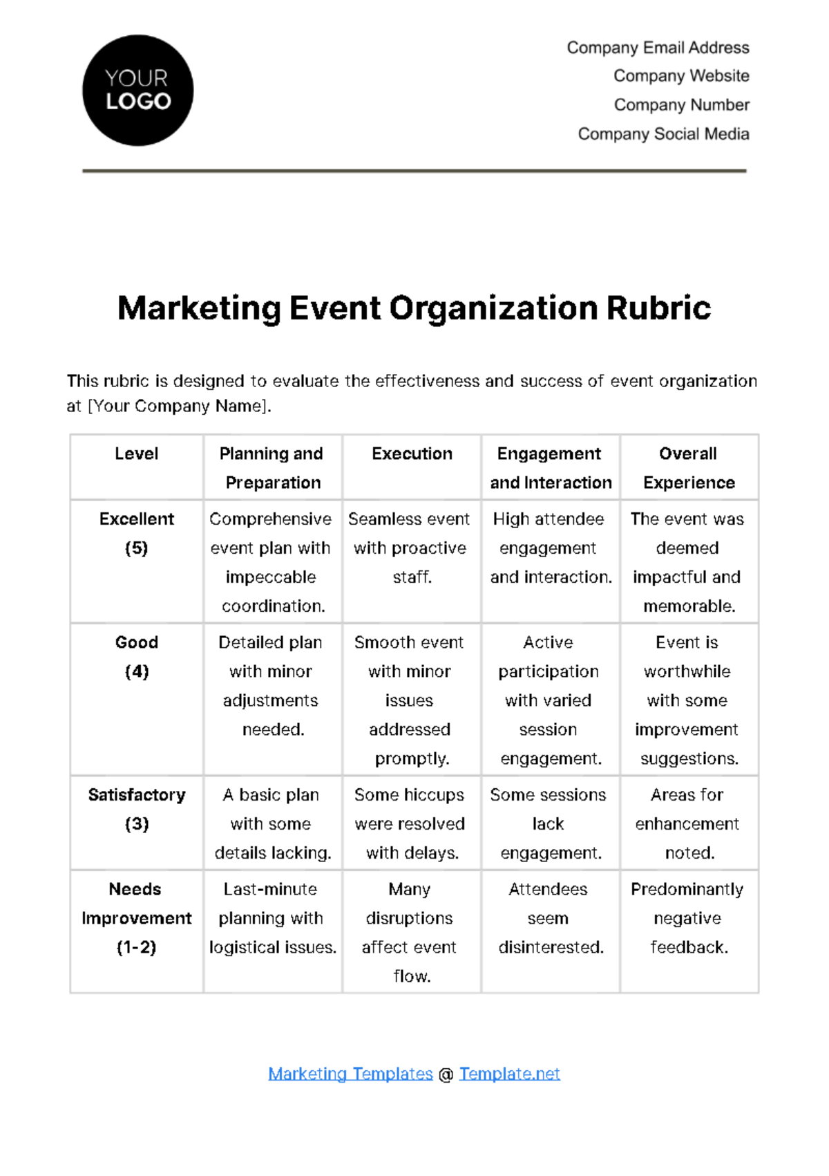 Free Marketing Event Organization Rubric Template