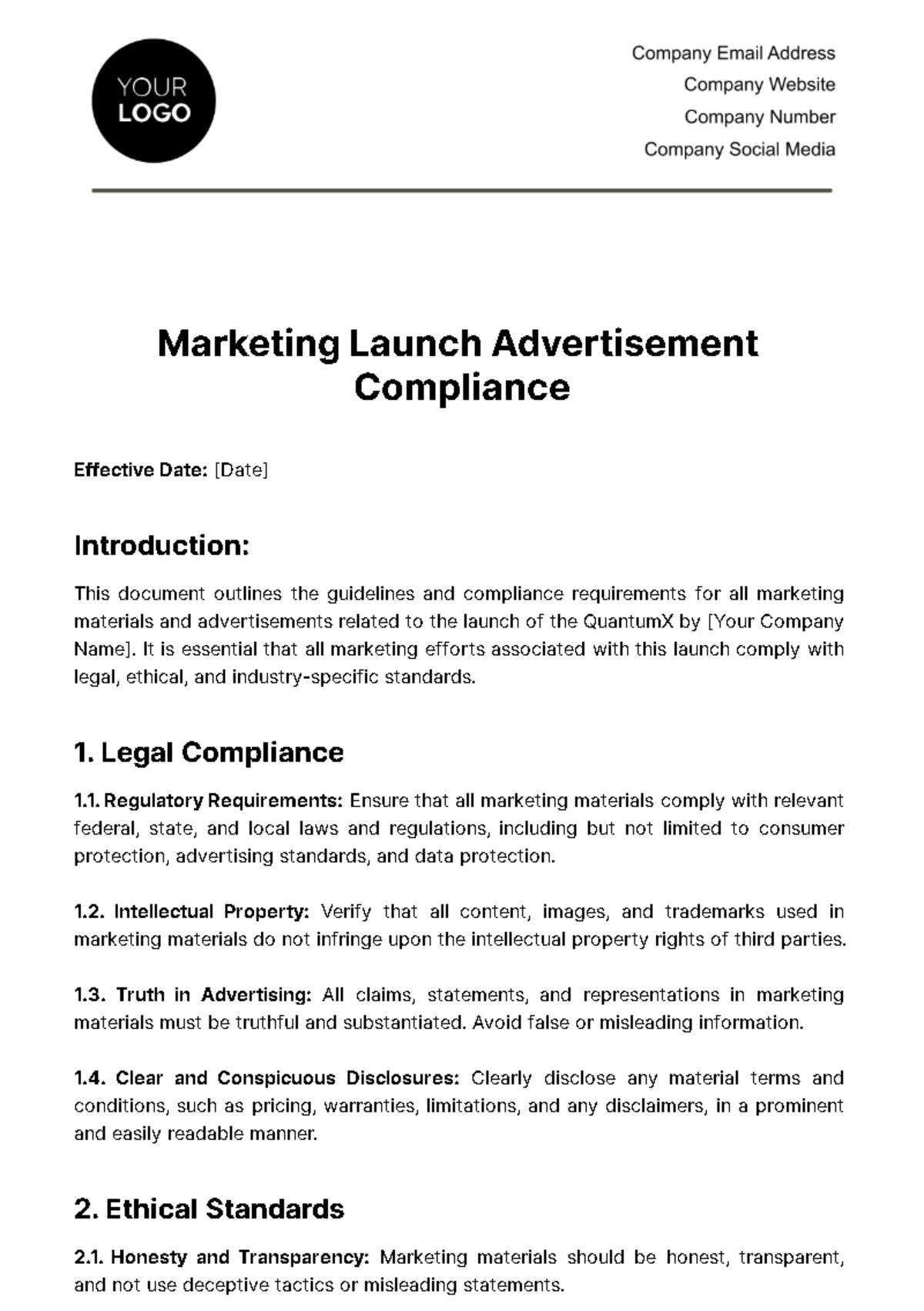 Free Marketing Launch Advertisement Compliance Template