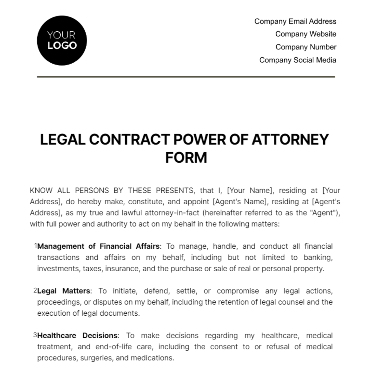 Legal Contract Power of Attorney Form Template