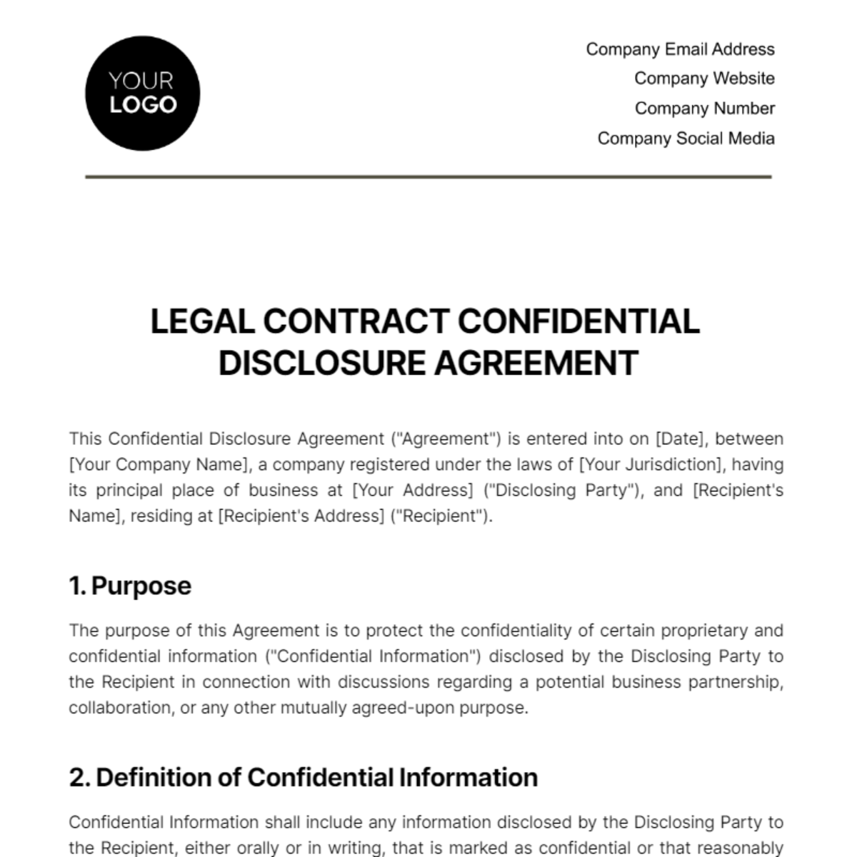 Legal Contract Confidential Disclosure Agreement Template