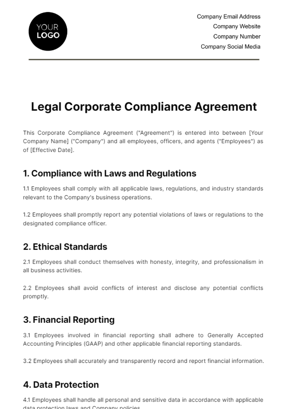   Legal Corporate Compliance Agreement Template