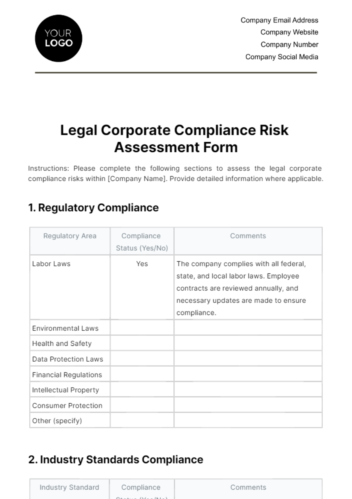 Legal Corporate Compliance Risk Assessment Form Template