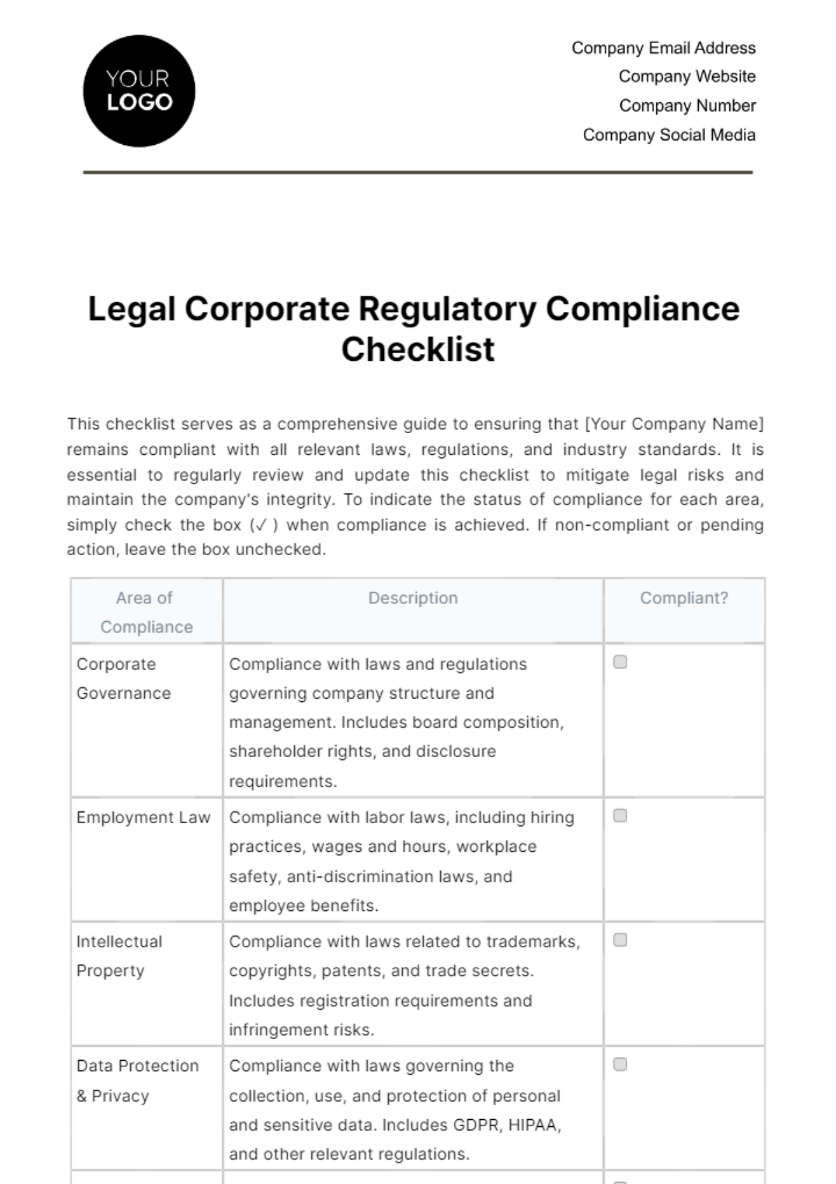 Free Legal Corporate Regulatory Compliance Checklist Template