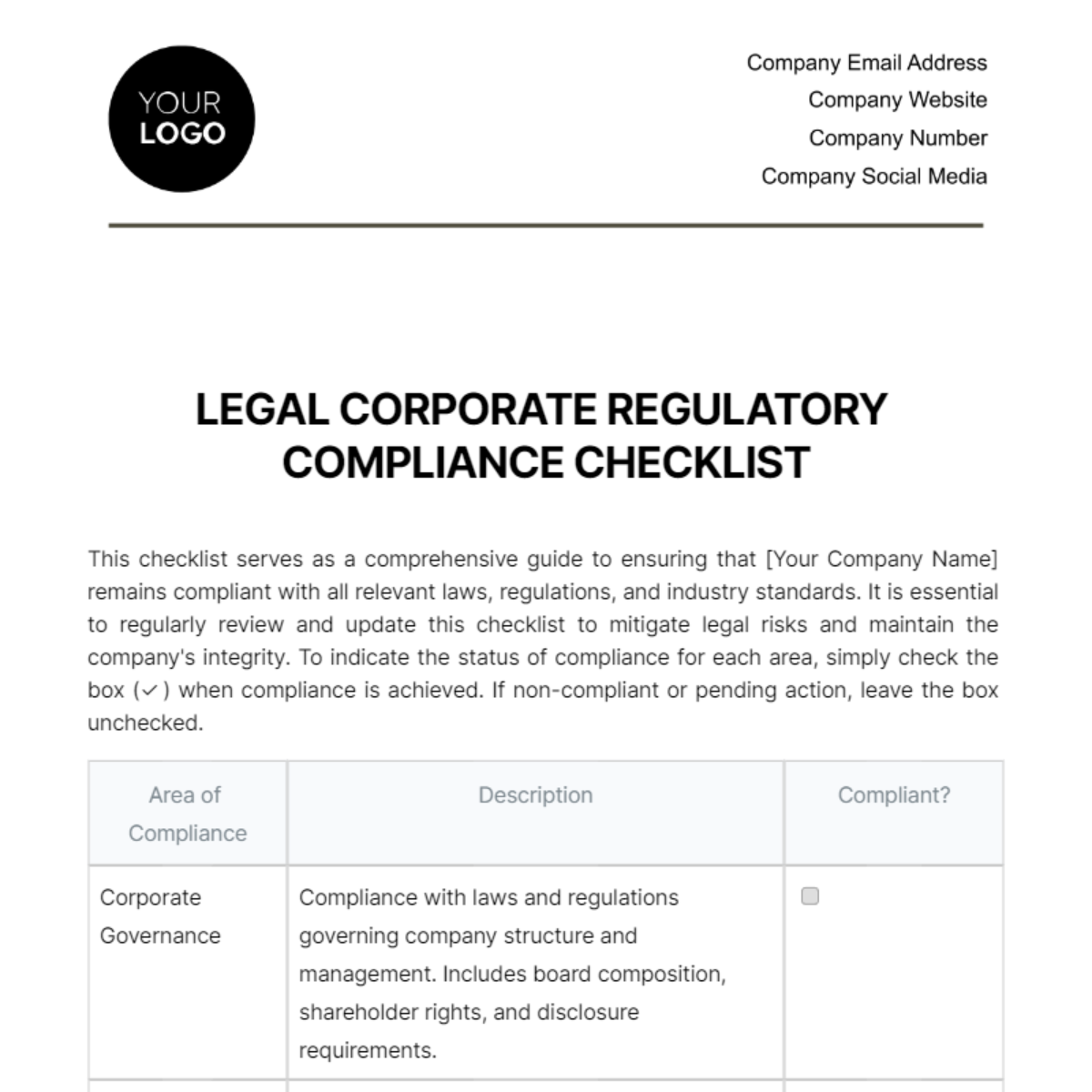 Legal Corporate Regulatory Compliance Checklist Template