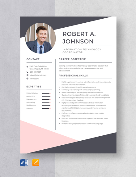 Information Technology Coordinator Resume Template - Word, Apple Pages
