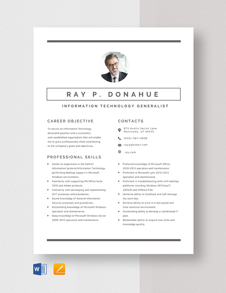 Information Technology Generalist Resume Template - Word, Apple Pages