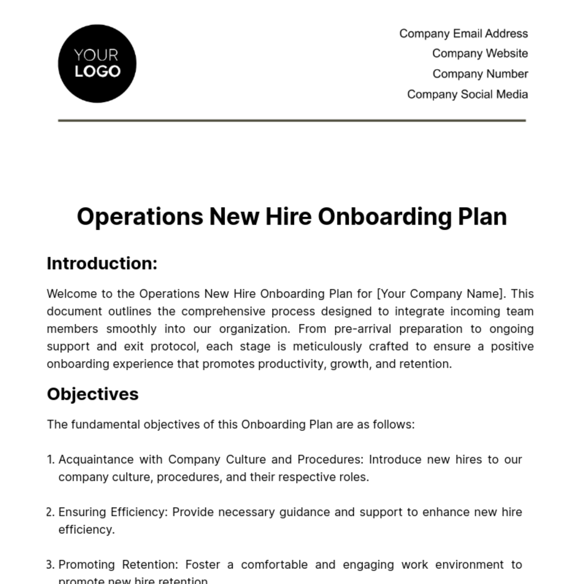 Operations New Hire Onboarding Plan Template