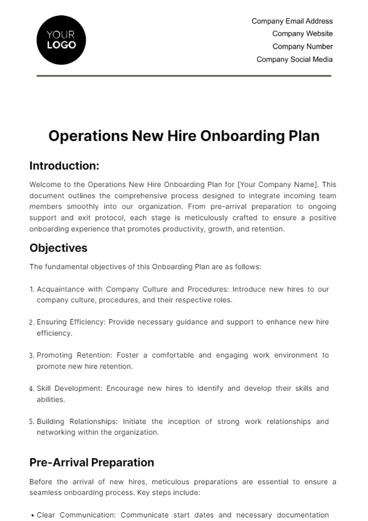Free Operations New Hire Onboarding Plan Template