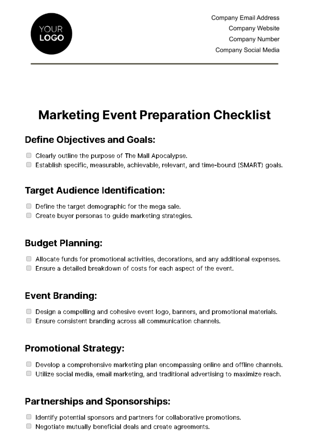Free Marketing Event Preparation Checklist Template