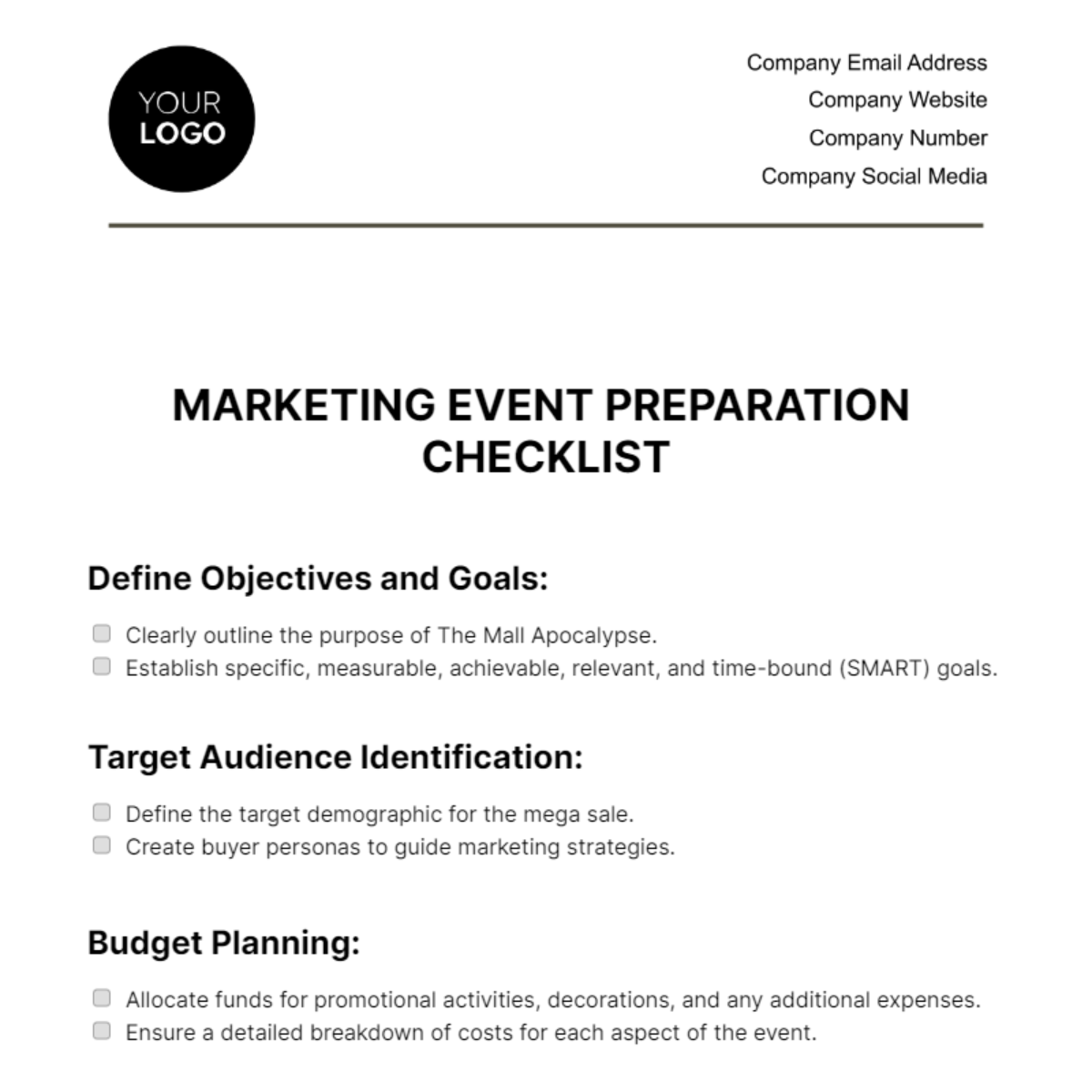 Marketing Event Preparation Checklist Template