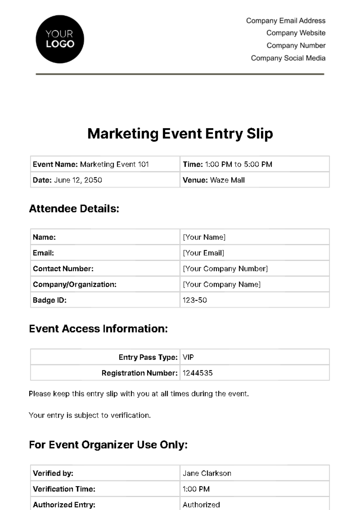 Free Marketing Event Entry Slip Template