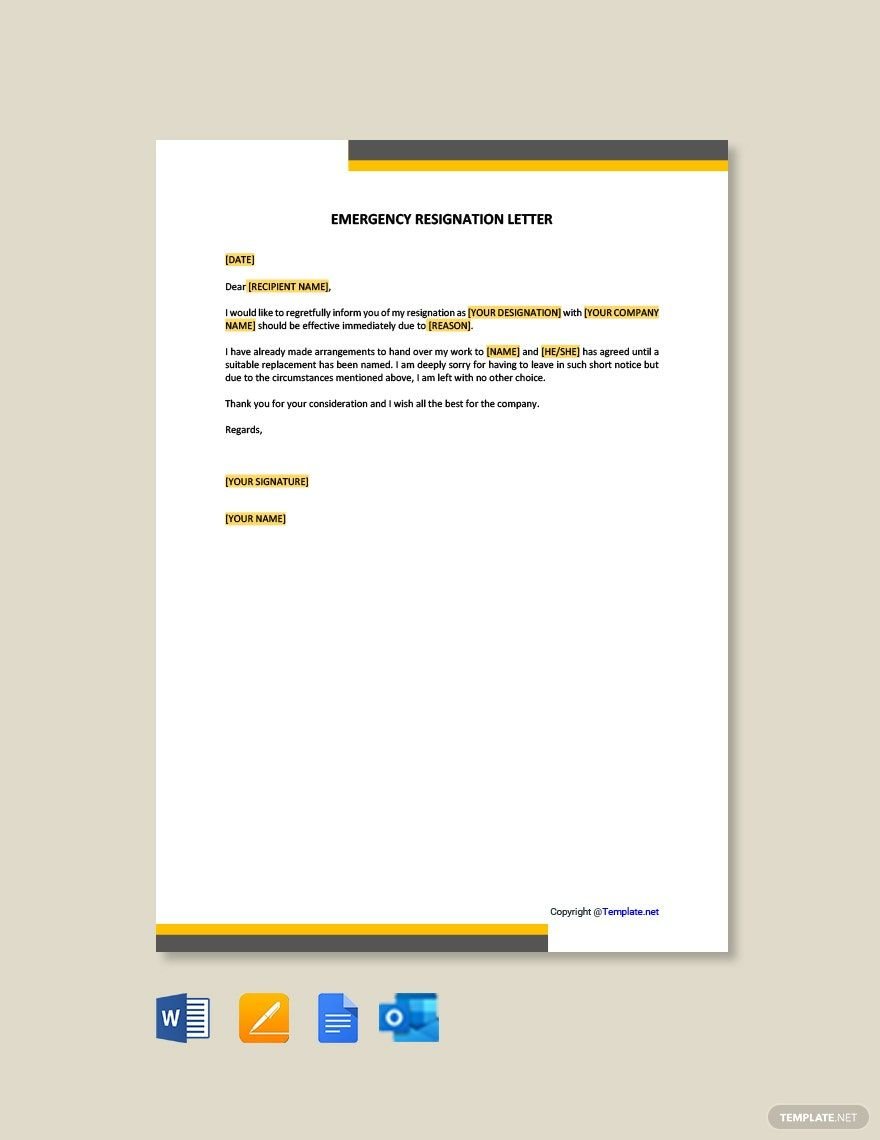 Emergency Resignation Letter Template in Word, Google Docs, PDF, Apple Pages, Outlook