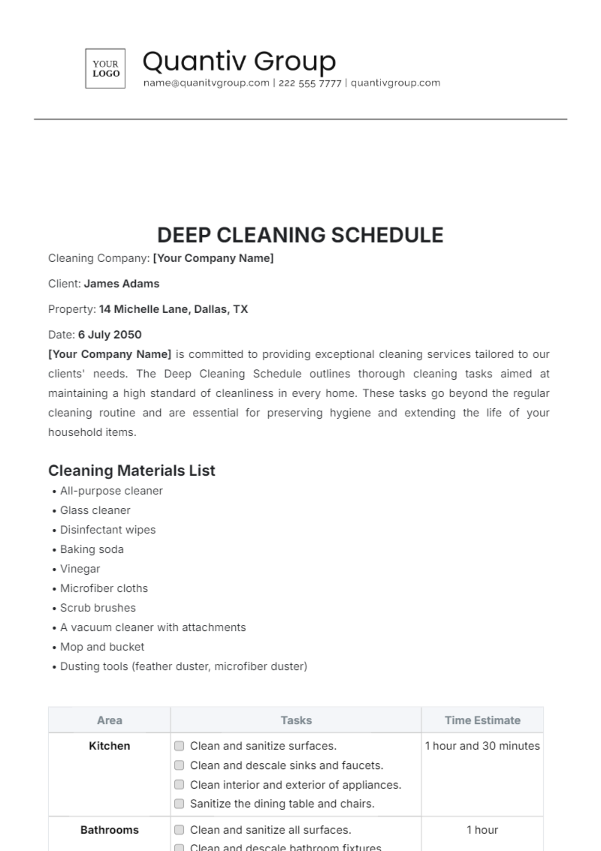 Deep Cleaning Schedule Template - Edit Online & Download Example 