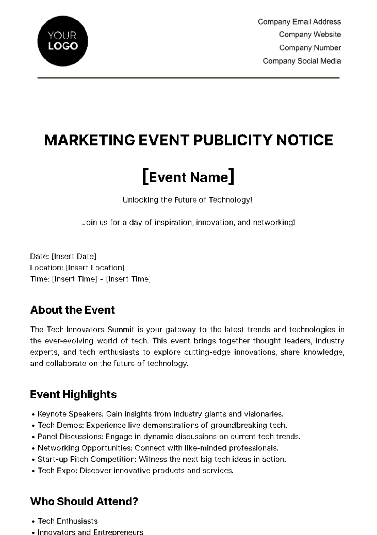 Marketing Event Publicity Notice Template