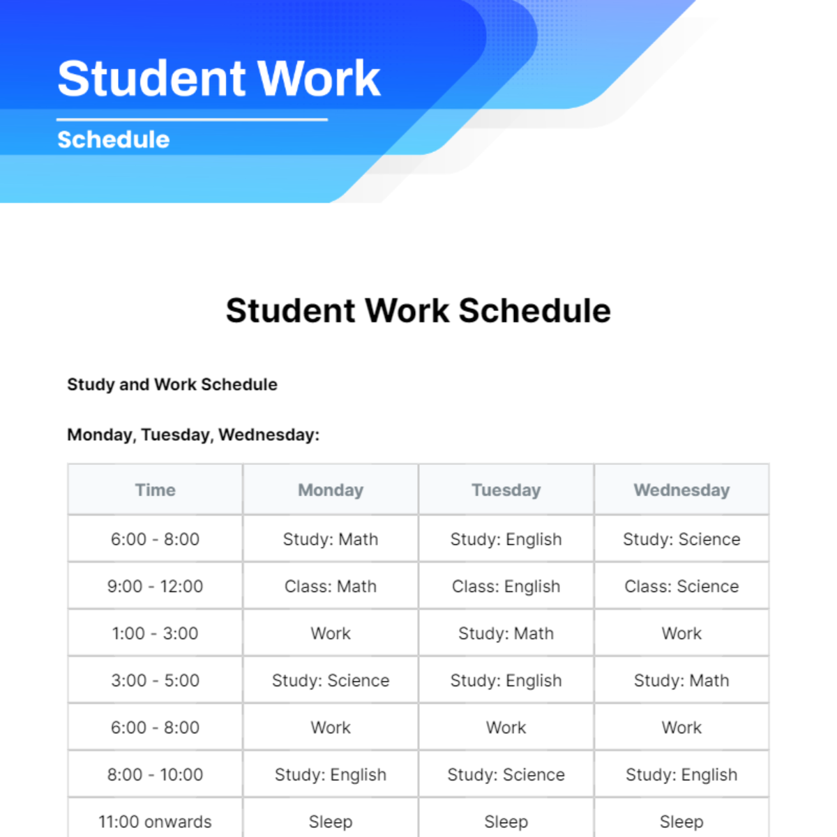 Student Work Schedule Template