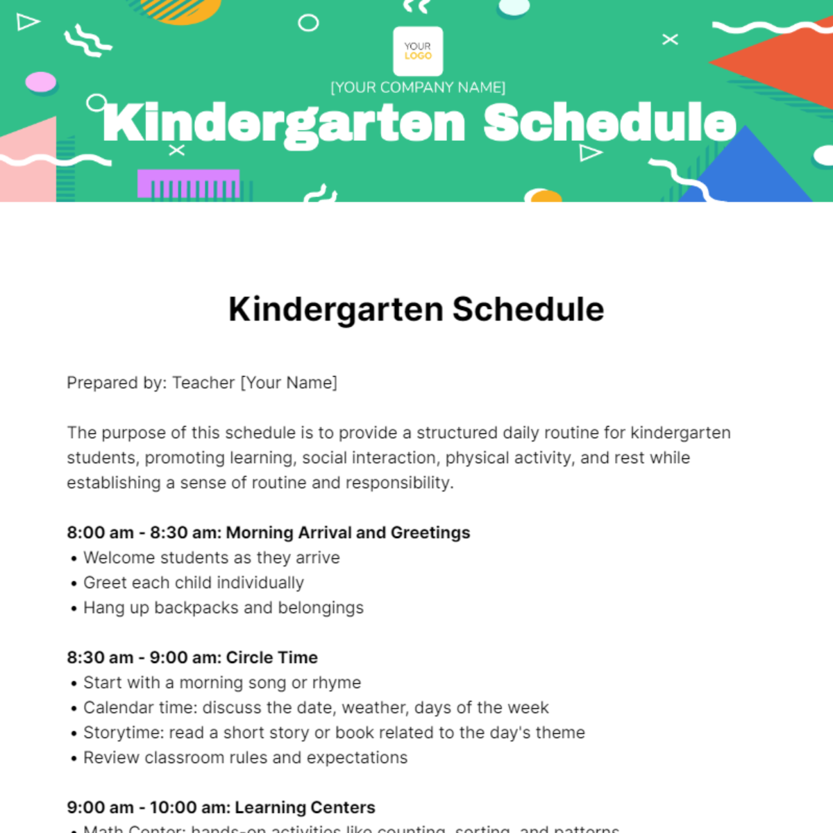 Free Kindergarten Schedule Template