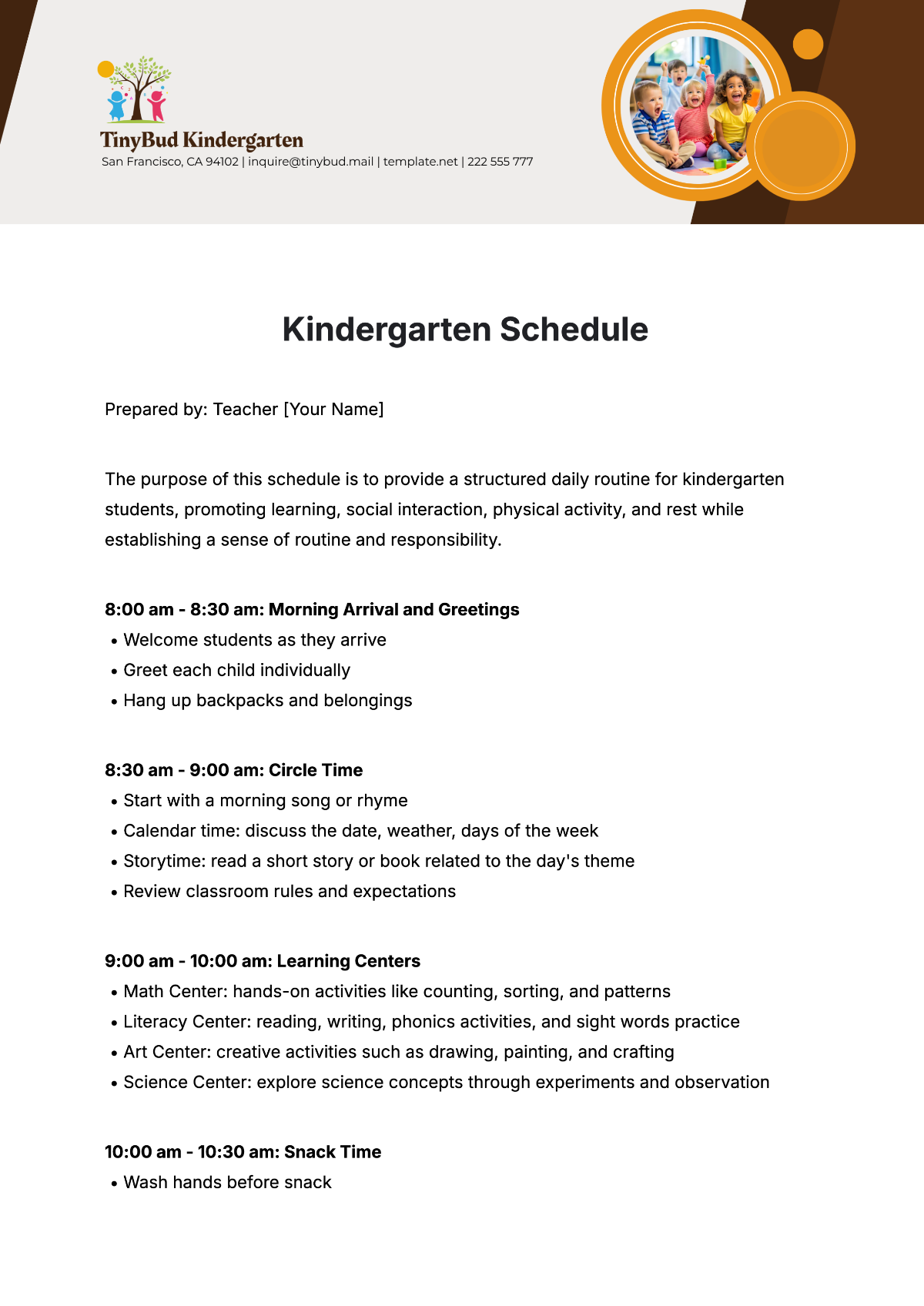 Free Kindergarten Schedule Template