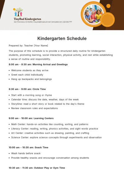 Free Kindergarten Schedule Template to Edit Online