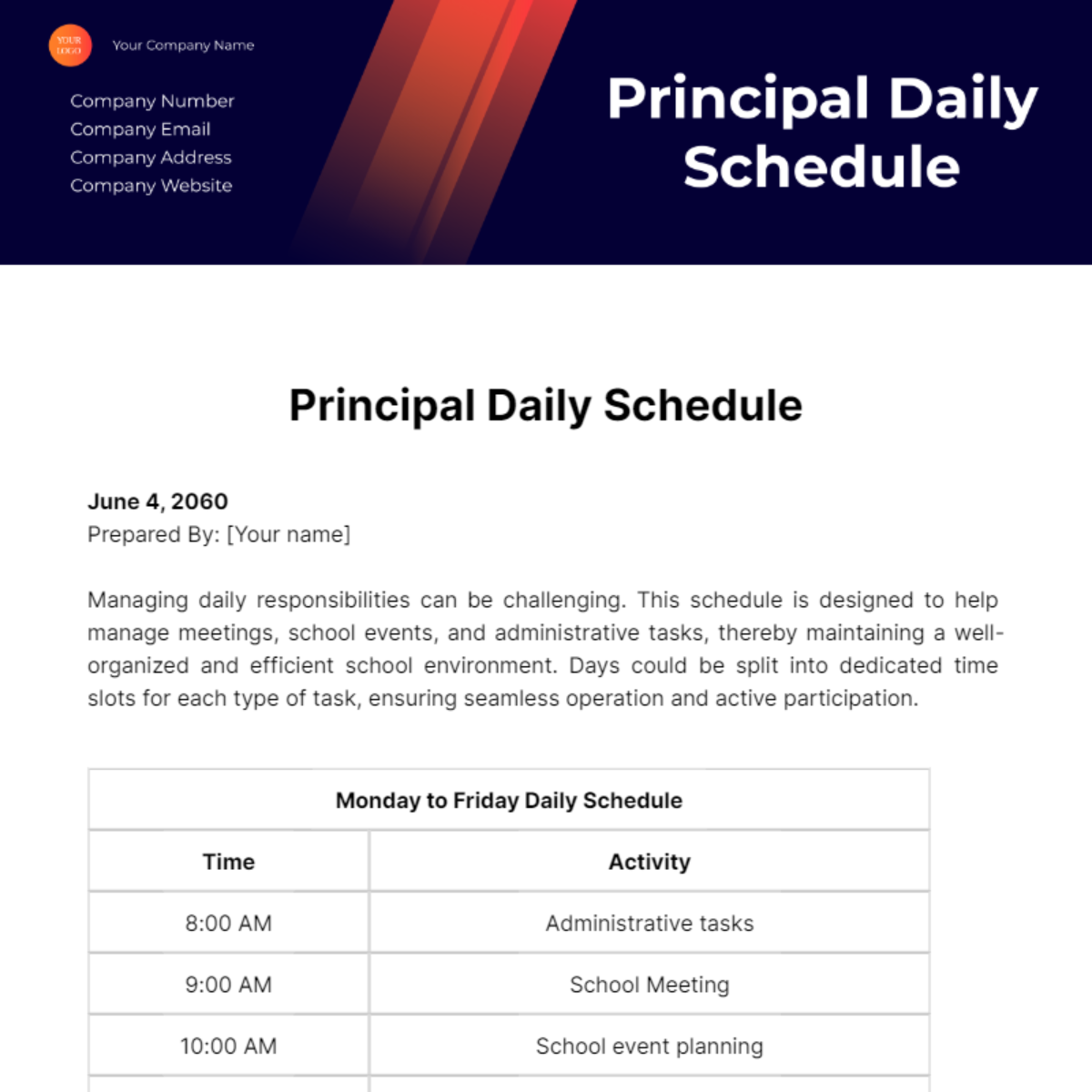 Principal Daily Schedule Template