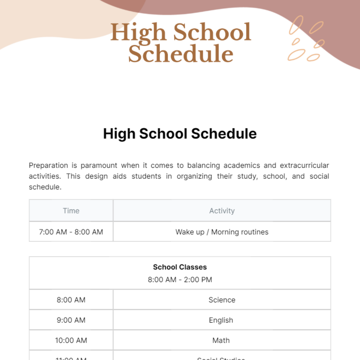 High School Schedule Template