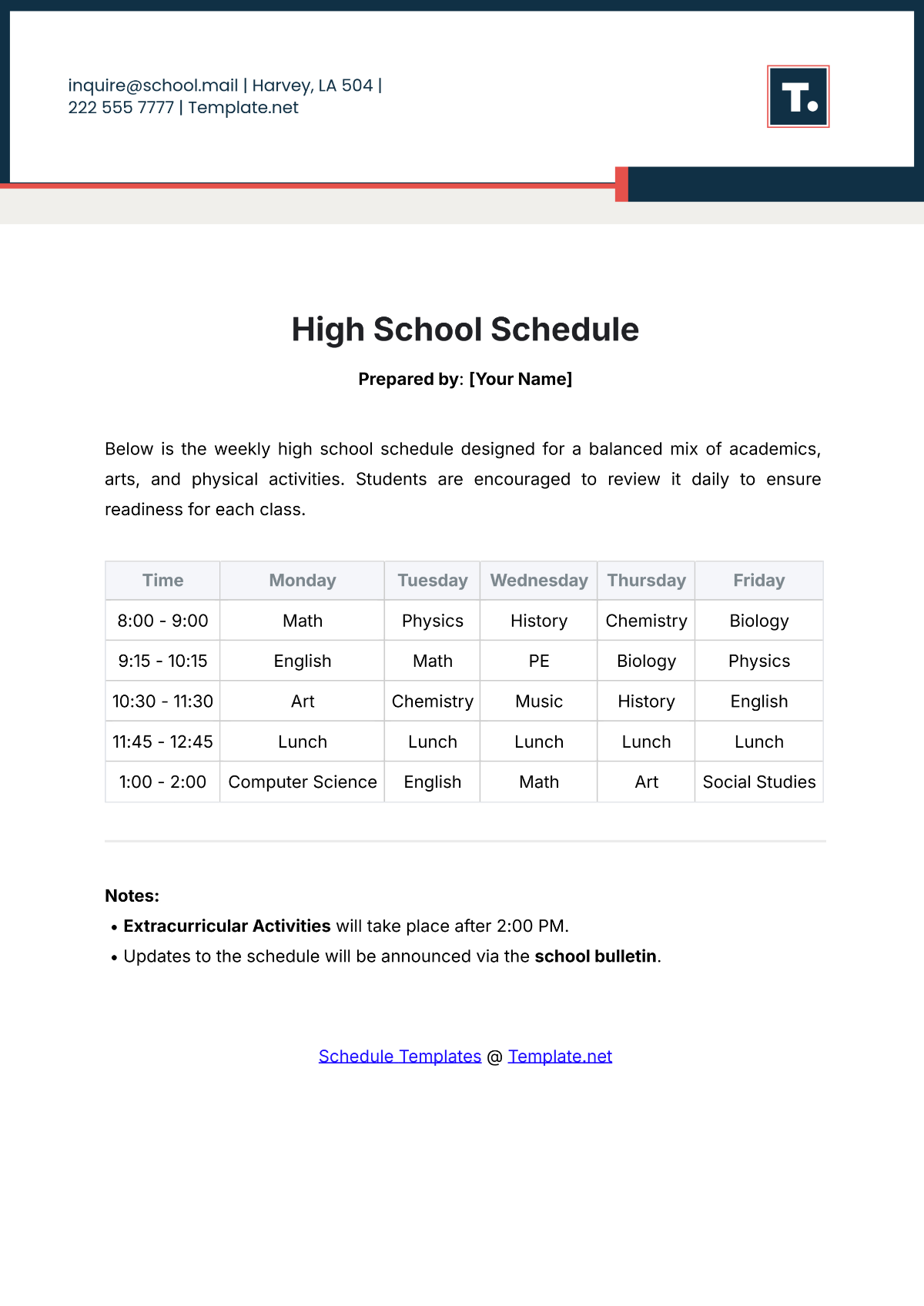 High School Schedule Template - Edit Online & Download