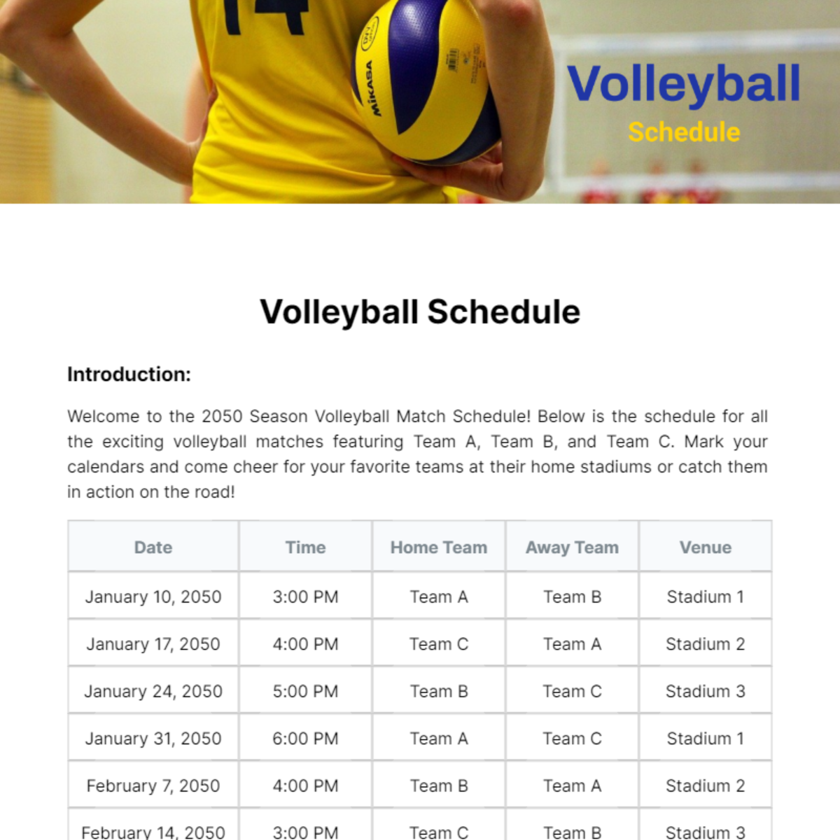 Volleyball Schedule Template