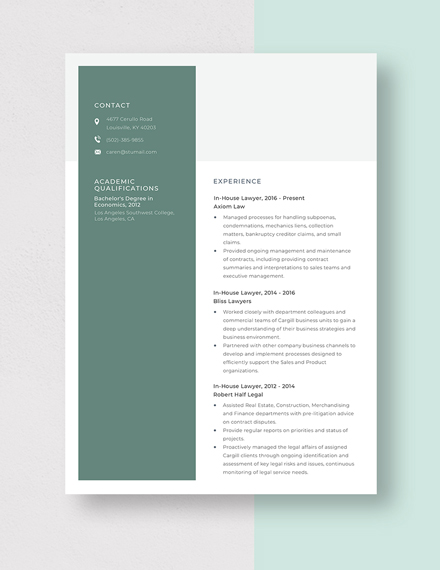 In-House Lawyer Resume Template - Word, Apple Pages | Template.net