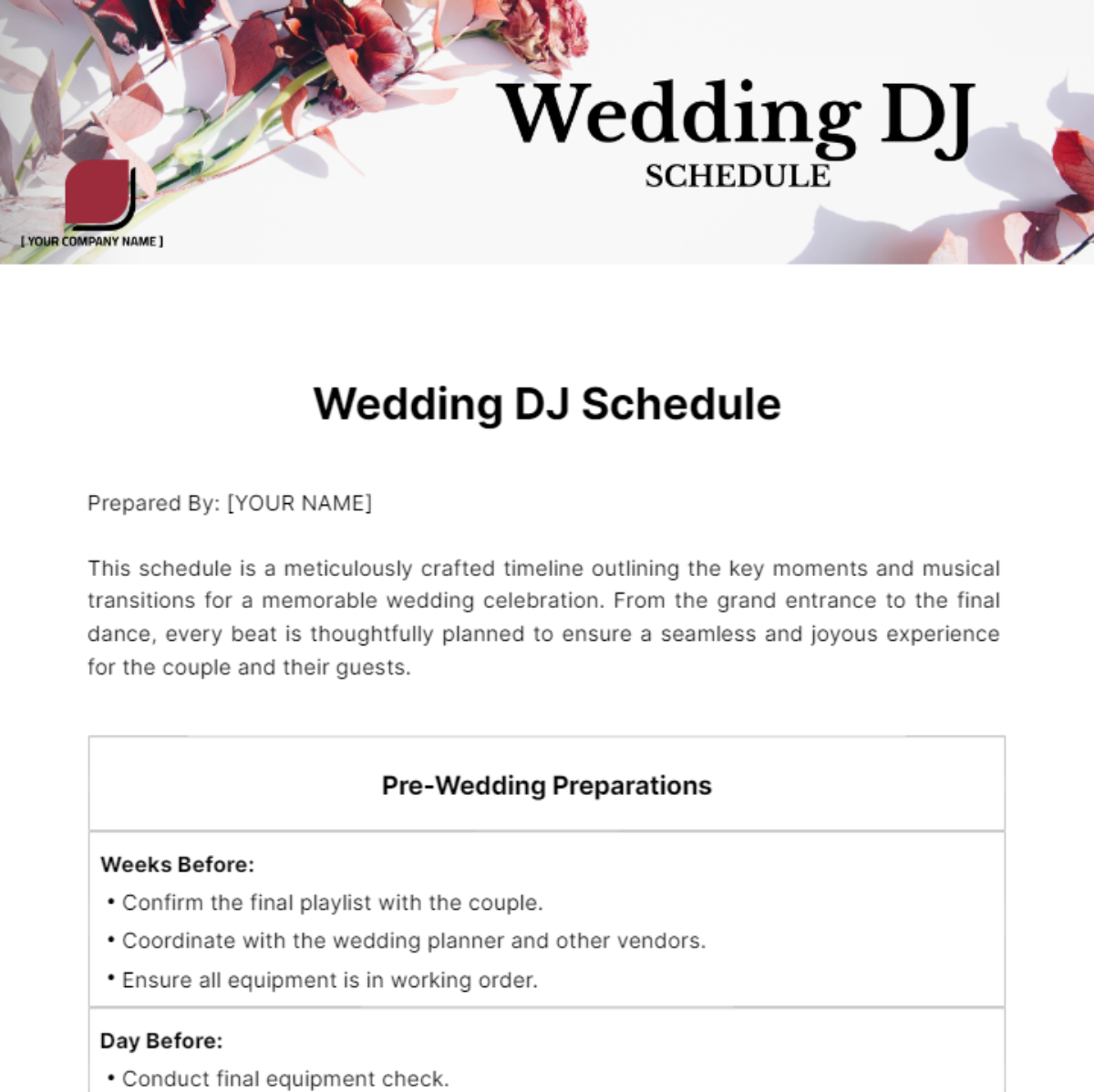 Wedding Dj Schedule Template