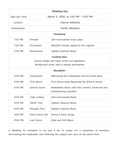 Free Wedding Dj Schedule Template to Edit Online