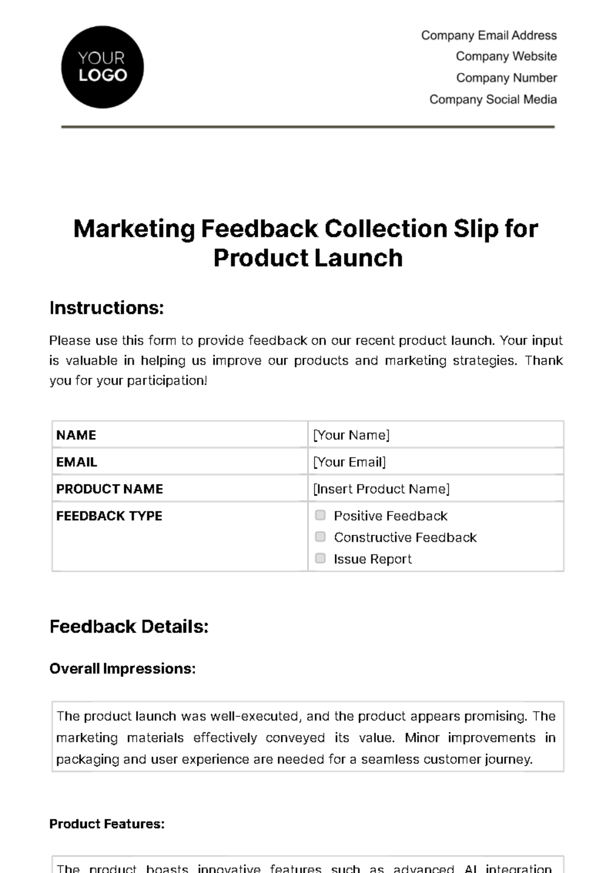 Free Marketing Feedback Collection Slip for Product Launch Template