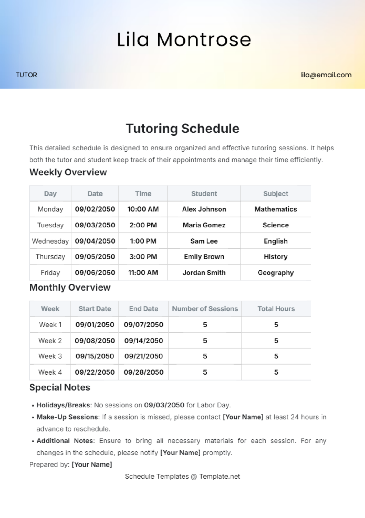 Tutoring Schedule Template - Edit Online & Download