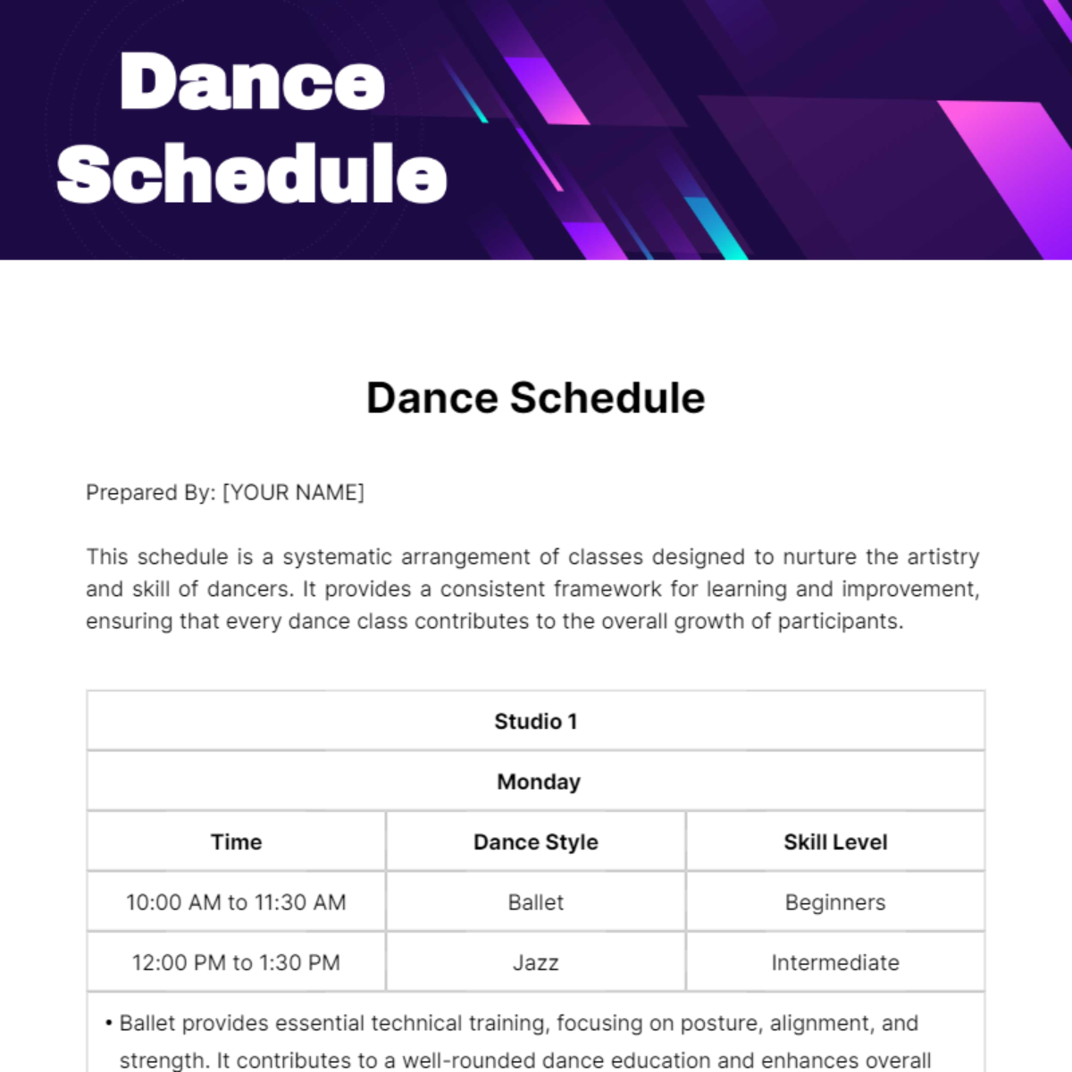Dance Schedule Template