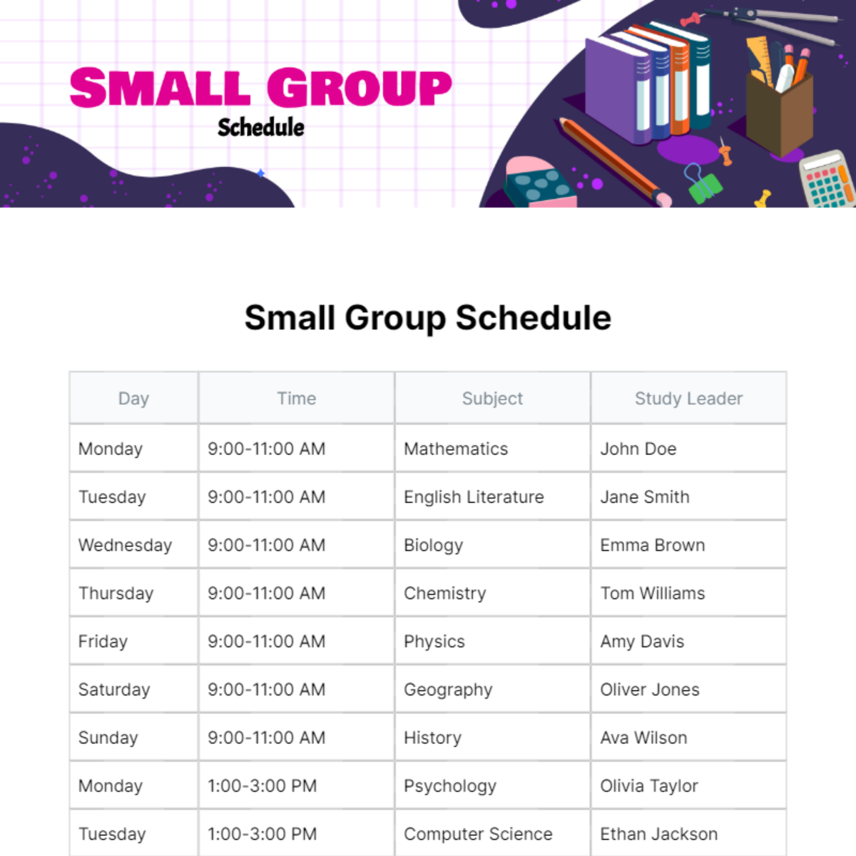 Free Small Group Schedule Template