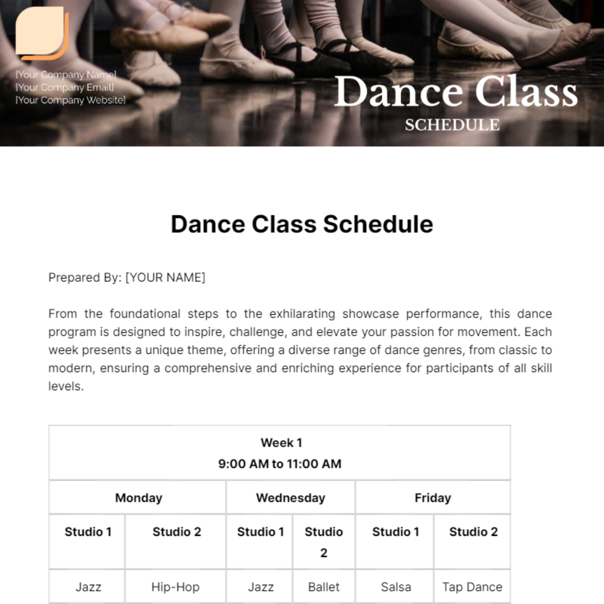 Dance Class Schedule Template